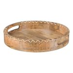 Bricka med handtag MELOBU av mangoträ, med sömdekor, natur, 5cm, Ø30cm