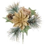 Dekorativt arrangemang med julstjärna och tall HERMINA med present, stödpinne, guld, 21cm, Ø17cm