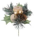 Konstarrangemang med äpple, päron, tall HERMOSA med kulor, stödpinne, guld, 20cm, Ø12cm
