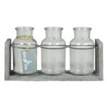 Dekorationsflaskor LORRIE, glas, med träställ, 3 glas, klart, 25x8x13cm