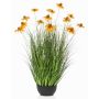 Konstgräs solhatt SHALLA med blommor, dekorativ skål, orange, 90cm