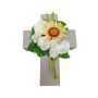 Konstgjord blomsterarrangemang med gerbera, orkidé, allium ANSGAR, planteringskors, vit-gul, 20x15x9cm