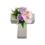 Konstblomsterarrangemang med Phalaenopsis-orkidé, ros ARLOMA, planteringskors, vit-lila, 20x15x11cm