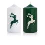 Julstearinljus DALDI, hjortmotiv, 2 st, mörkgrön-vit, 15cm, Ø8cm, 69h - Tillverkad i Tyskland