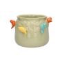 Kruka BIRDIE i keramik, med 3D-fåglar, grön-orange-gul-blå, 11cm, Ø13,5cm