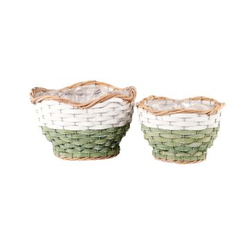 Blomkorg i trä ISILE, 2 st, svängd kant, rund, grön-vit, 13-17cm, Ø20-25cm