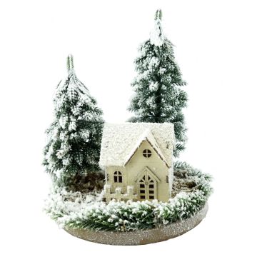 Dekorativt ljushus SEWARD, snölandskap, granar, LED-lampor, vit-grön, 25cm, Ø20cm Dekorativt ljushus SEWARD, snölandskap, granar, LED-lampor, vit-grön, 25cm, Ø20cm