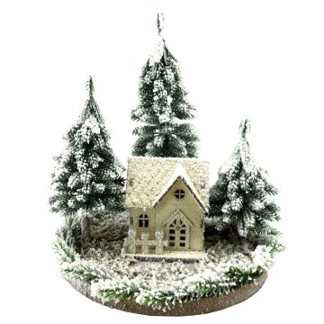 Dekorativt ljushus SEWARD, snölandskap, granar, LED-lampor, vit-grön, 25cm, Ø25cm Dekorativt ljushus SEWARD, snölandskap, granar, LED-lampor, vit-grön, 25cm, Ø25cm