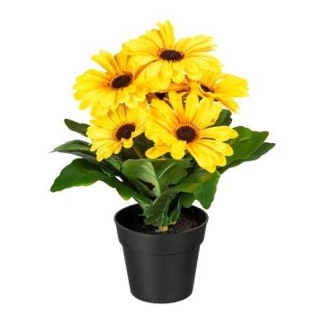 Konstblomma Gerbera KROLVEN i svart dekorativ kruka, gul, 27cm