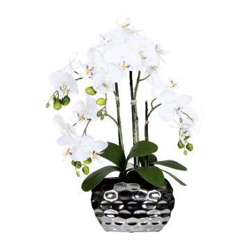 Plastblomma Phalaenopsis-orkidé SINKA i dekorativ kruka, silver, vit, 55cm Plastblomma Phalaenopsis-orkidé SINKA i dekorativ kruka, silver, vit, 55cm