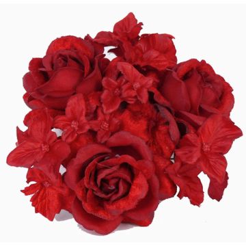 Textil ljuskrans INGA, ros, hortensia, röd, Ø10cm