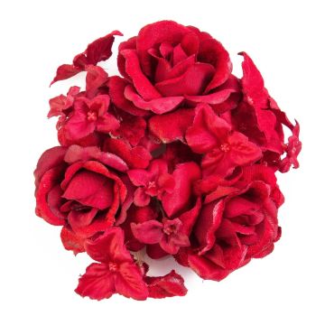 Textil ljuskrans INGA, ros, hortensia, röd, Ø10cm