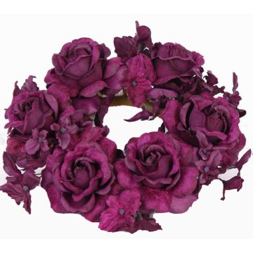 Textil ljuskrans INGA, ros, hortensia, violett, Ø15cm