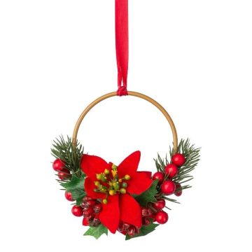 Dekorativ krans, blomring med julstjärna, gran KUBRI, bär, röd, Ø14cm Dekorativ krans, blomring med julstjärna, gran KUBRI, bär, röd, Ø14cm