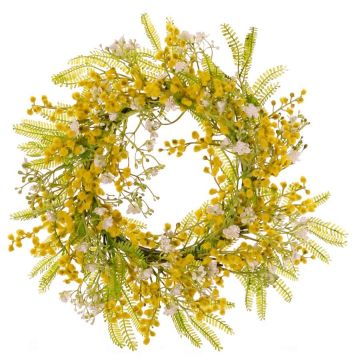 Konstgjord blomkrans med mimosa och slöjblomma MAFARA, gul-vit, Ø35cm