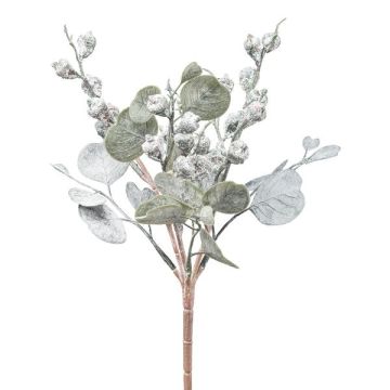 Konstgjord växt Eukalyptus ZORHEN, med stödpinne, frukter, frostad, grågrön, 28cm