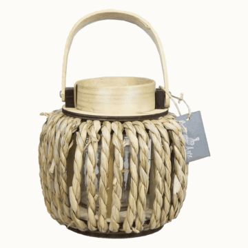 Dekorativ trälykta LUCELIA med te-ljusglas, handtag, flätad, beige, 18cm, Ø18cm Dekorativ trälykta LUCELIA med te-ljusglas, handtag, flätad, beige, 18cm, Ø18cm