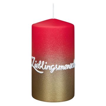 Stumpvaxljus JARDENA med text, Lieblingsmensch, antikröd-guld, 13cm, Ø7cm, 52 timmar Stumpvaxljus JARDENA med text, Lieblingsmensch, antikröd-guld, 13cm, Ø7cm, 52 timmar