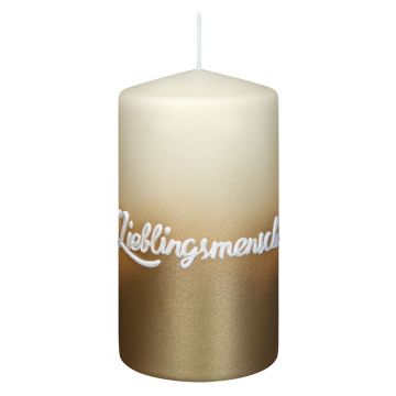 Stumpvaxljus JARDENA med text, Lieblingsmensch, bisquit-guld, 13cm, Ø7cm, 52 timmar