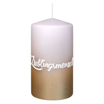 Stumpvaxljus JARDENA med text, Lieblingsmensch, blekrosa-guld, 13cm, Ø7cm, 52 timmar