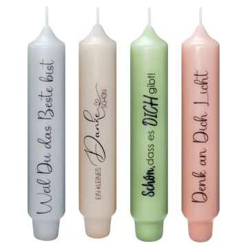 Stansljus med text KELANI, komplimang, 4 ljus, 4 texter, flerfärgat, färggladt, 16,5cm, Ø2,8cm, 6h