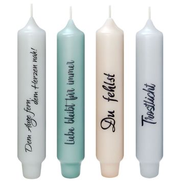 Stansljus med text KELANI, sorg, 4 ljus, 4 texter, flerfärgat, 16,5cm, Ø2,8cm, 6 timmar, färggladt