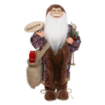 Jultomtefigur BENTJE, presentsäck, skidstavar, brun-röd, 23x14x45cm Jultomtefigur BENTJE, presentsäck, skidstavar, brun-röd, 23x14x45cm