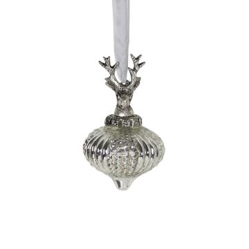 Julgranskula NUMI i glas, hjort, lökformad, silver, Ø8cm Julgranskula NUMI i glas, hjort, lökformad, silver, Ø8cm
