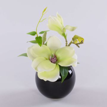 Konstgjord magnolia FEMI i svart keramikkruka, krämgrön, 20cm, Ø17cm