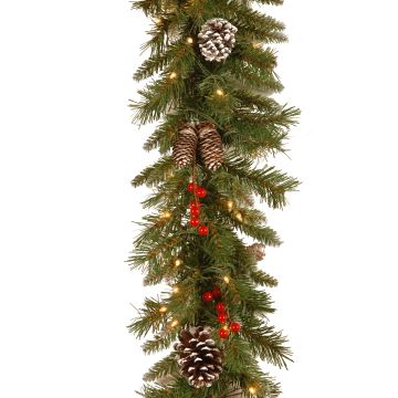 Konstgjord grangirland MARLIES, snötäckt, med frukter, LED-lampor, 275cm, Ø25cm