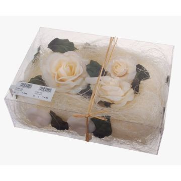 Blomdekoration ZUMA med rosor, blad, pärlor, sisal, krämfärgad, 5cm