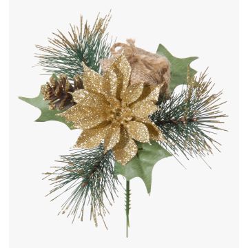 Dekorativt arrangemang med julstjärna och tall HERMINA med present, stödpinne, guld, 21cm, Ø17cm