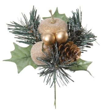 Konstarrangemang med äpple, päron, tall HERMOSA med kulor, stödpinne, guld, 20cm, Ø12cm