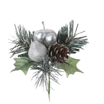 Konstgjord blomsterarrangemang med äpple, päron, tall HERMOSA med kulor, stödpinne, silver, 20cm, Ø12cm Konstgjord blomsterarrangemang med äpple, päron, tall HERMOSA med kulor, stödpinne, silver, 20cm, Ø12cm