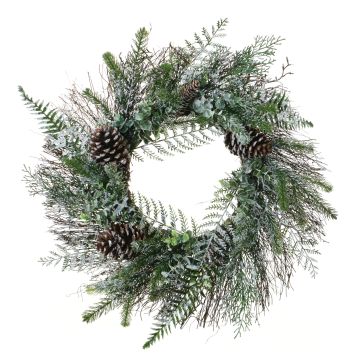Konstgjord krans av tall, eukalyptus och ormbunke TRISS med kottar, frostad, grön-vit, Ø60cm Konstgjord krans av tall, eukalyptus och ormbunke TRISS med kottar, frostad, grön-vit, Ø60cm