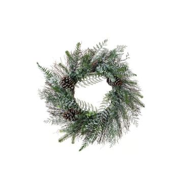Konstgjord krans av tall, eukalyptus och ormbunke TRISS med kottar, frostad, grön-vit, Ø60cm