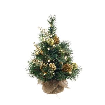Konstgjord julgran CEDO, jutesäck, kottar, bär, LED-lampor, grön-guld, 45cm Konstgjord julgran CEDO, jutesäck, kottar, bär, LED-lampor, grön-guld, 45cm