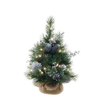 Konstgjord julgran CEDO, jutesäck, kottar, bär, LED-lampor, grön-silver, 45cm