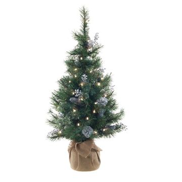 Konstgjord julgran CEDO, jutesäck, kottar, bär, LED-lampor, grön-silver, 90cm Konstgjord julgran CEDO, jutesäck, kottar, bär, LED-lampor, grön-silver, 90cm