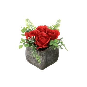 Konstblomsarrangemang med ros, johannesört ABUD, dekorativ kruka, röd, 17cm, Ø18cm Konstblomsarrangemang med ros, johannesört ABUD, dekorativ kruka, röd, 17cm, Ø18cm