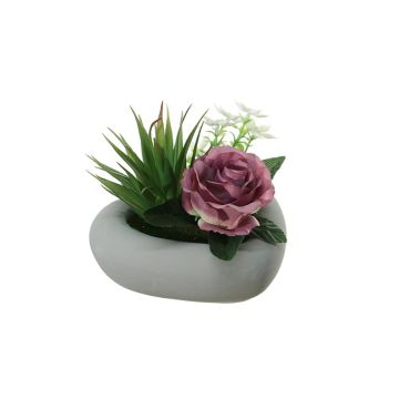 Konstblomsterarrangemang med ros och agave BEVIS, dekorativ kruka, mörklila-vit, 14cm, Ø18cm Konstblomsterarrangemang med ros och agave BEVIS, dekorativ kruka, mörklila-vit, 14cm, Ø18cm