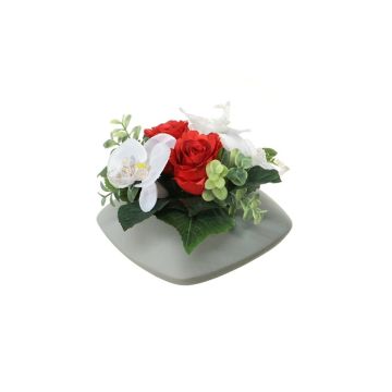 Konstgjord blomsterarrangemang med Phalaenopsis-orkidé och ros DITTE, dekorativ kruka, röd-vit, 12cm, Ø21cm Konstgjord blomsterarrangemang med Phalaenopsis-orkidé och ros DITTE, dekorativ kruka, röd-vit, 12cm, Ø21cm