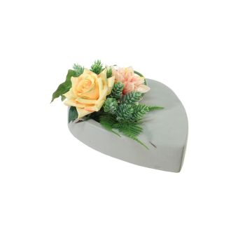Konstgjord blomsterarrangemang med ros, dahlia och humle DYVEKE, dekorativ kruka, gul-laxrosa, 12cm, Ø25cm Konstgjord blomsterarrangemang med ros, dahlia och humle DYVEKE, dekorativ kruka, gul-laxrosa, 12cm, Ø25cm