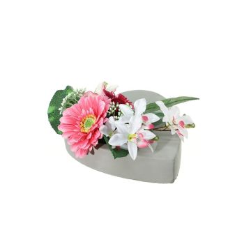 Konstblomsarrangemang med gerbera, orkidé, ros och lilja ERENE, dekorativ kruka, rosa-vit-cerise, 12cm, Ø25cm