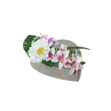 Konstblomsarrangemang med gerbera, orkidé, ros och lilja ERENE, dekorativ kruka, vit-lila-cerise, 12cm, Ø25cm