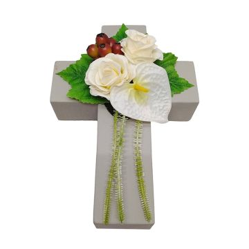 Konstgjord blomsterarrangemang med ros, anthurium, nypon NINNA, planteringskors, vit-röd, 30x18x11cm