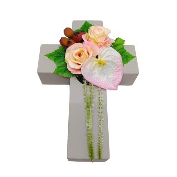 Konstgjord blomsterarrangemang med ros, anthurium och nypon NINNA, planteringskors, rosa-vit-röd, 30x18x11cm