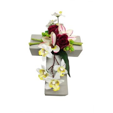 Konstblomsarrangemang med magnolia, orkidé och ros OVANA, planteringskors, vit-cerise, 28x18x10cm