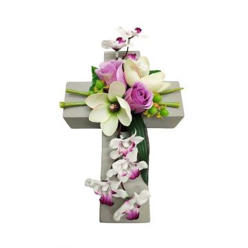 Konstblommor, bukett med magnolia, orkidé, ros OVANA, planteringskors, vit-lila-krämfärgad, 28x18x10cm