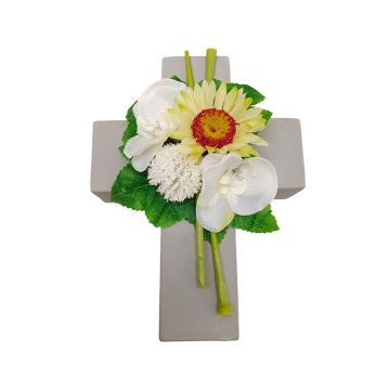 Konstgjord blomsterarrangemang med gerbera, orkidé, allium ANSGAR, planteringskors, vit-gul, 20x15x9cm